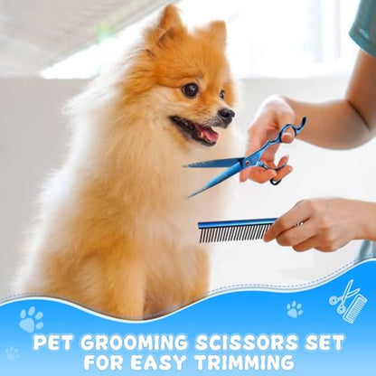 Moontay Dog Grooming Scissors Set Professional, 7 Inch Pet Grooming Scissors, 8 in 1 Straight, Curved, Thinning, Fishbone Scissors with Comb, Tension Adjuster, Cleaning Cloth and Storage Case, Blue