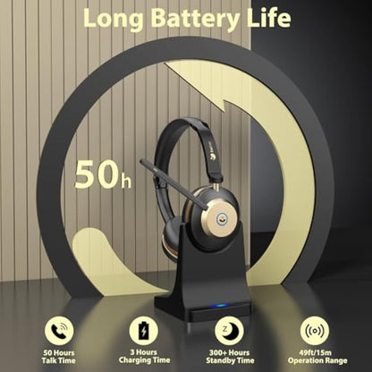 Wireless Headset, Bluetooth Headset With Microphone Noise Canceling & USB Dongle, On Ear Headphones with Charging Dock & 50hrs Working Time for Computer/Mobile Phones/Ms Teams/Skype/Zoom/Office