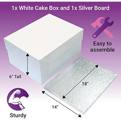 Culpitt 18" x 14" (457 x 355mm) Cake Board & White Cake Box Combo, Oblong Silver Fern Cake Drum With Matching Box, 0.5'' (13mm) Thick, Rectangular Cake Transport, Single Pack