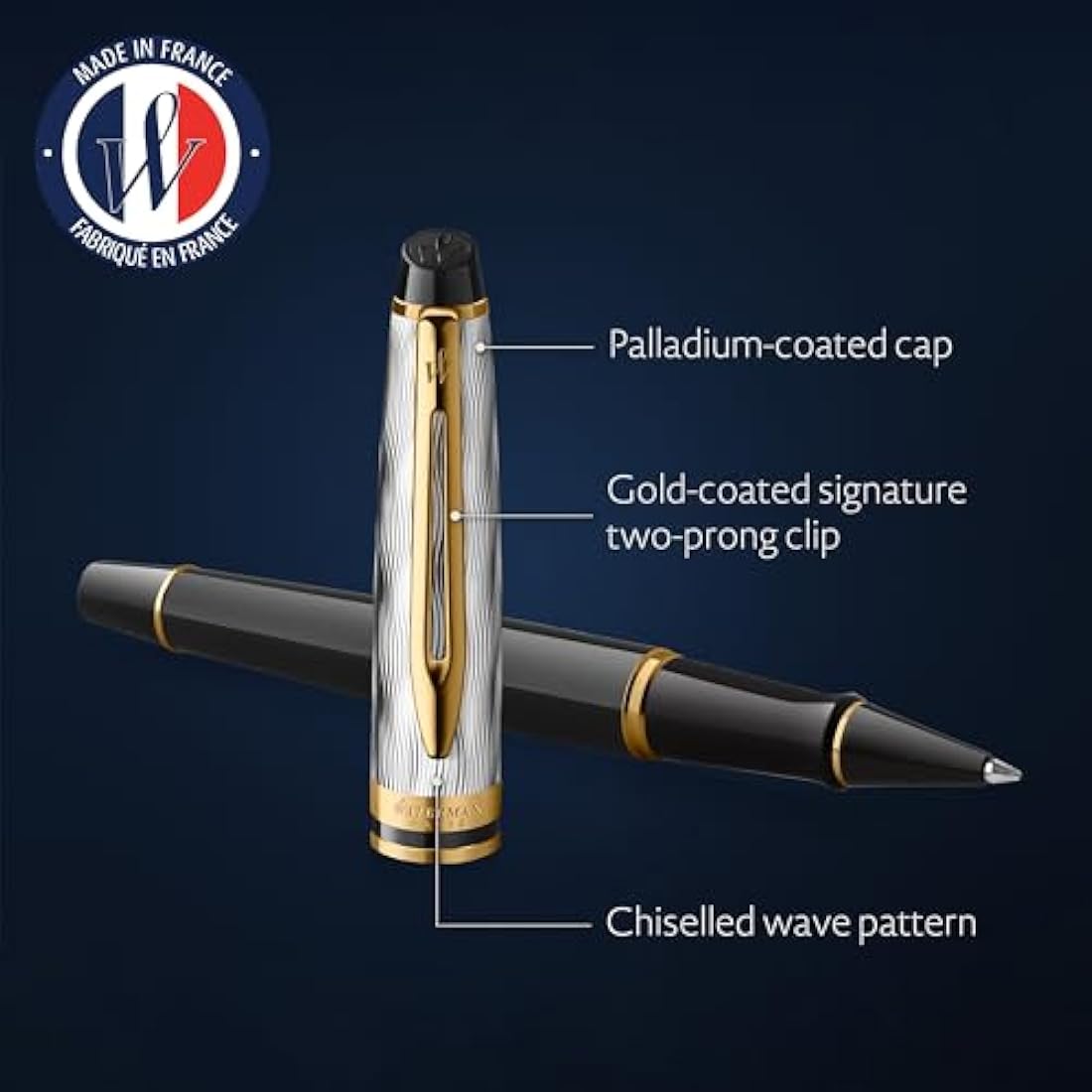 Waterman Expert | Rollerball Pen | Metal & Black Lacquer with Gold trim & Chiselled cap | Fine tip | Black Ink | Gift Box