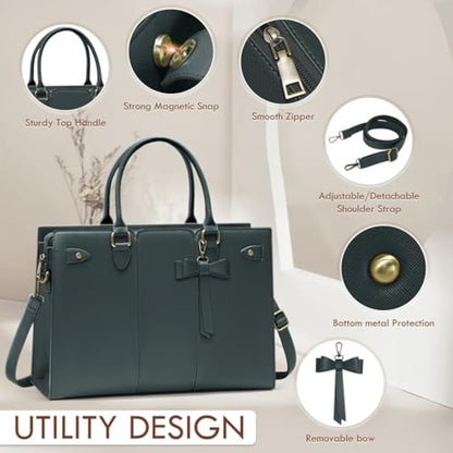 RAINSMORE Laptop Bags for Women PU Leather Work Bags for Women Tote Bag Large Handbag Shoulder Bag for Office Bussiness 15.6 Inch Dark Green