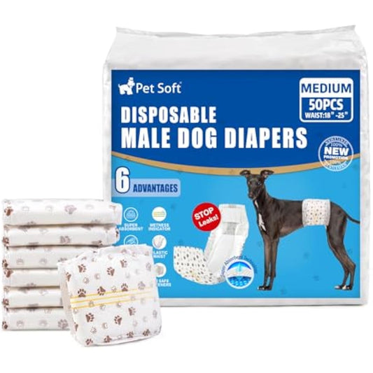 Pet Soft Dog Nappies Male- 50 Counts Disposable Male Dog Wraps, Super Absorbent Puppy Dog Diapers Incontinence Nappy Wraps with Wetness Indicator (M-50 Count)
