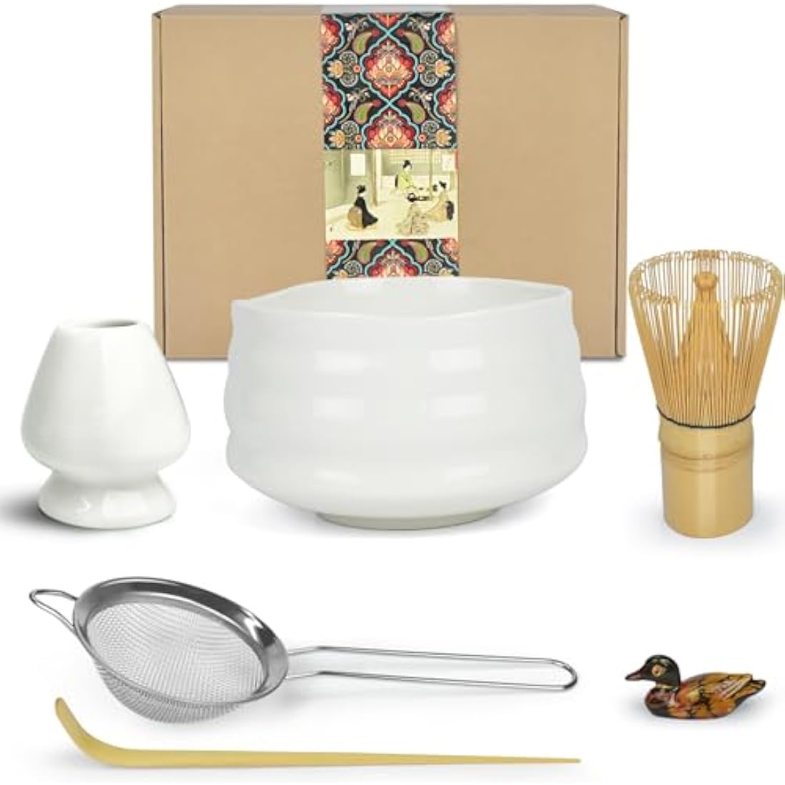 Artcome Matcha Ceremony Kit for Japanese Tea Ceremony, Traditional Matcha Bowl, Whisk, Tea Scoop, Matcha Powder Strainer, Matcha Tea Set for Making Usucha, Koicha and Matcha Latte (White)