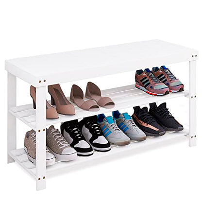 SMIBUY Bamboo Shoe Rack Bench, 3-Tier Shoe Organizer Storage Shelf for Entryway Hallway Bathroom Living Room (White)