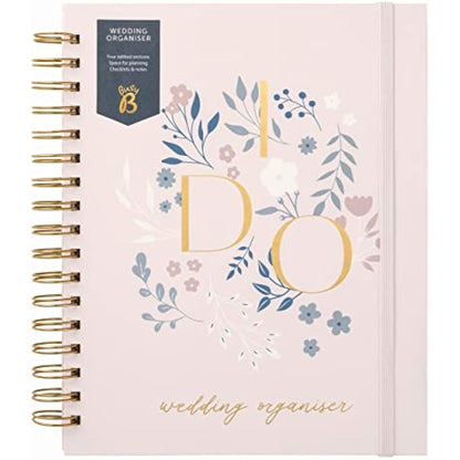Busy B Wedding Organiser - Beautiful pink and gold spiral-bound wedding organiser with four tabbed sections, checklists, notes and storage pockets