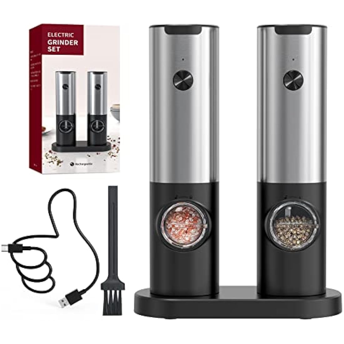 CIRCLE JOY Electric Pepper Grinder Set, Stainless Steel Spice Grinder with Ceramic Grind and Adjustable Coarseness, USB Rechargeable Salt Mills, No Pepper or Salt Included