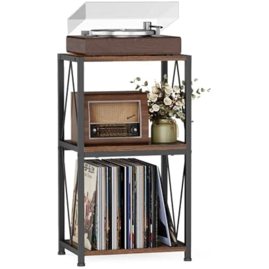 Record Players Stand, 3 Tier End Table with Vinyls Record Storage, Records Player Table with Storage, Turntable Stand for Vinyl Player, Vinyl Records Holder for Living Room, Bedroom