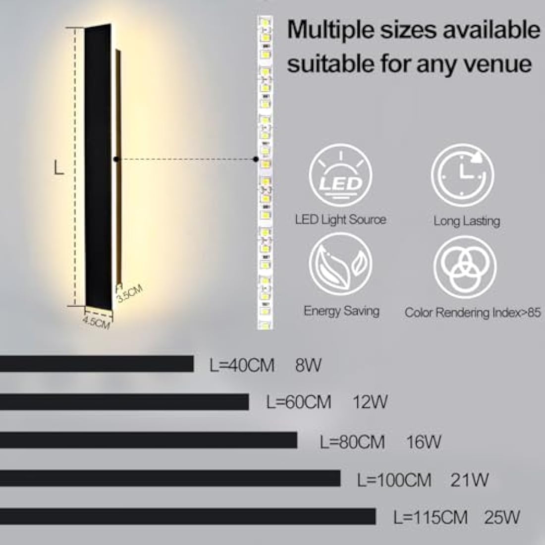 ZTWLEED LED Outdoor Wall Light 25W 115CM Minimalist Metal Wall Lights,Waterproof IP65 Outdoor Lighting Acrylic Lampshade,6000K Cool White,Outdoor Lighting for Patio