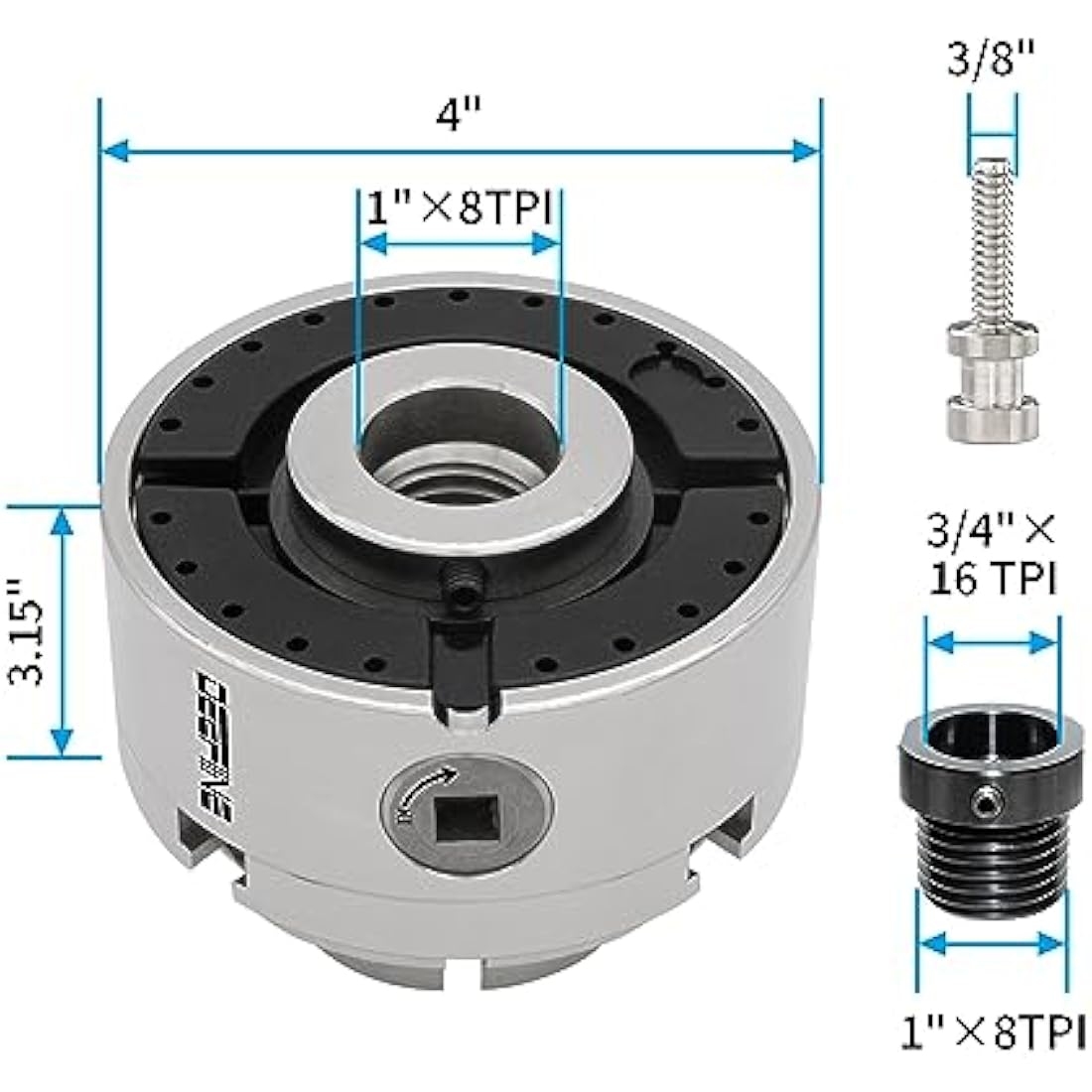 DEEFIINE 4 Inch Wood Lathe Chuck Set 1" x 8TPI Thread & 3/4" x16TPI Adapter, Nickel Plated Self-Centering 4 Jaw Wood Turning Chuck.(1 jaw)