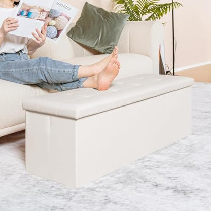Bonlife Folding Ottoman Storage Bench with Cushion Kids Toy Box Cube Foot Stool Faux Leather Large Storage boxes with Lid,White,110 x 38 x 38 cm