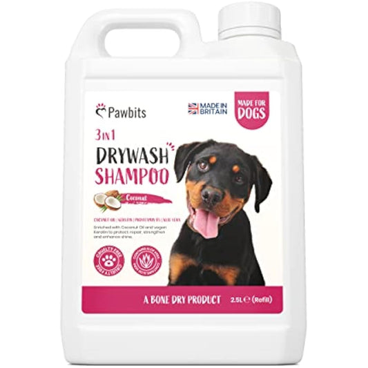 Pawbits Drywash Shampoo for Dogs - Puppy Friendly 3-in-1 Dry Shampoo to Clean, Condition & Detangle – No Water Required (Coconut - 2.5L)