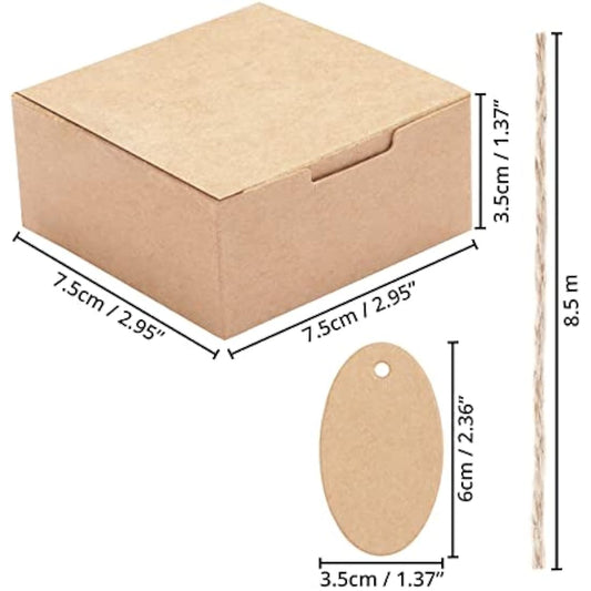 Belle Vous Small Gift Boxes with Lids (50 Pack) - Brown Kraft Boxes for Gifts with Rope & Tags - Wedding Favour Boxes/Gift Boxes Bulk Set - 7.5 x 7.5 x 3.5cm/2.95 x 2.95 x 1.37 Inches