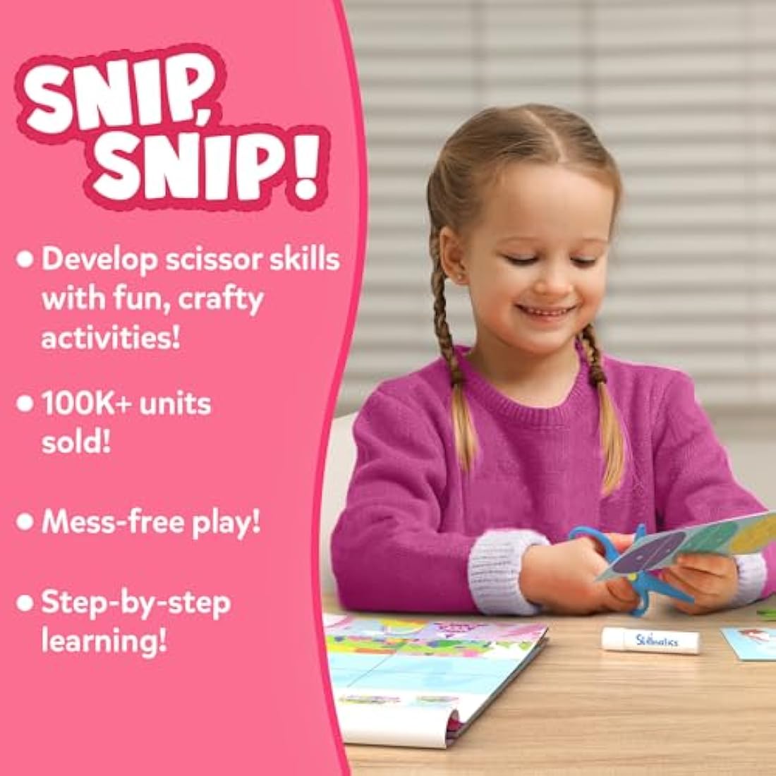 Skillmatics Scissor Skills Activity Book - Snip Snip, 25 Fun Cutting & Creative Activities for Preschoolers, 2 Child-Safe Scissors, Fine Motor Skills Craft Kit, Gifts for Kids Ages 3, 4, 5, 6, 7