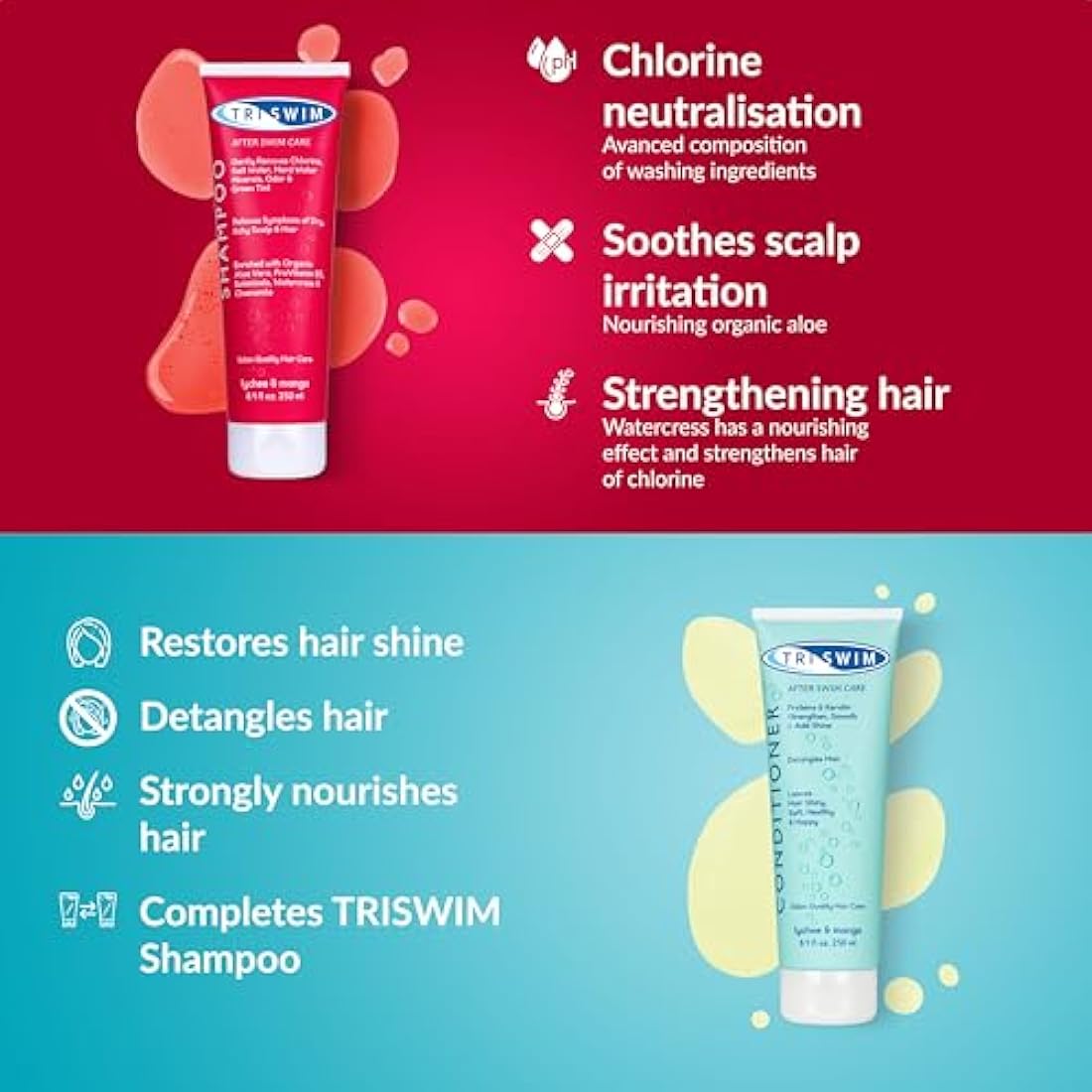 TRISWIM - Chlorine Removal Hair Care Bundle, After Swim Care Shampoo and Moisturizing Conditioner, Anti-Chlorine Hair Protection For Swimmers, Removes Green Tint, Vegan & Cruelty Free (250+250 ml)