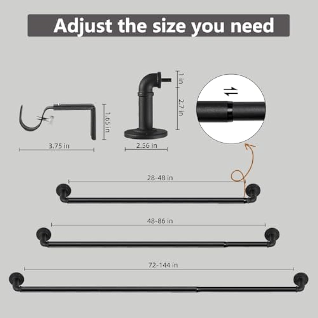 Black Curtain Poles for Eyelet Curtains, Industrial Curtain Pole Metal Extendable, Industrial Curtain Rod for Windows 67cm-122cm, Room Dividers Curtain Rail.