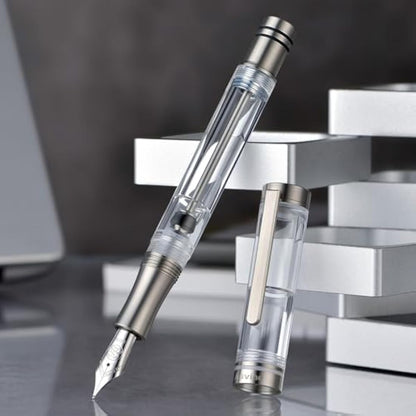 Asvine V200 Titanium Fountain Pen with Clear Acrylic Case and Extra Fine Nib with Vacuum Refill
