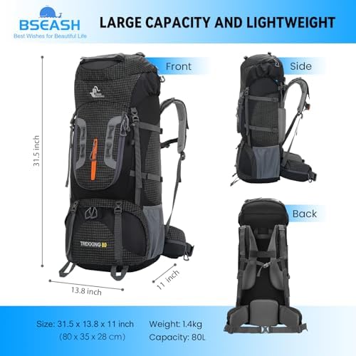 Bseash 80L Waterproof Hiking Camping Backpack with Rain Cover, Large Capacity Outdoor Sport Travel Daypack Rucksack for Climbing Skiing