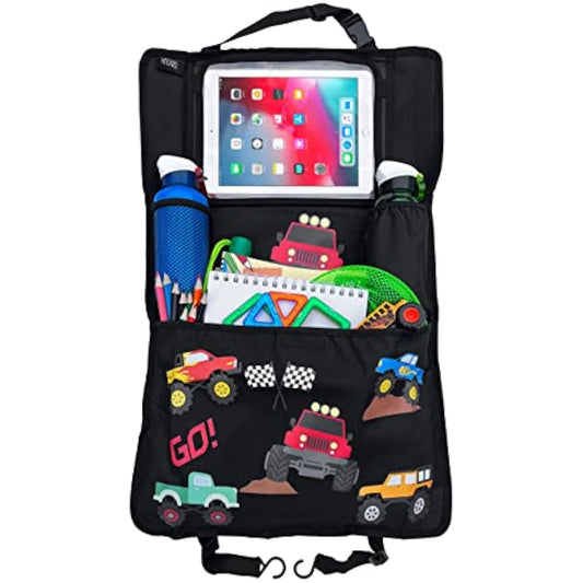 HECKBO 1x car backseat organizer with adjustable tablet pocket for tablets up to 20 inches with touch foil - monster truck - universal fit - incl. thermo pocket + stretch net pocket - washable