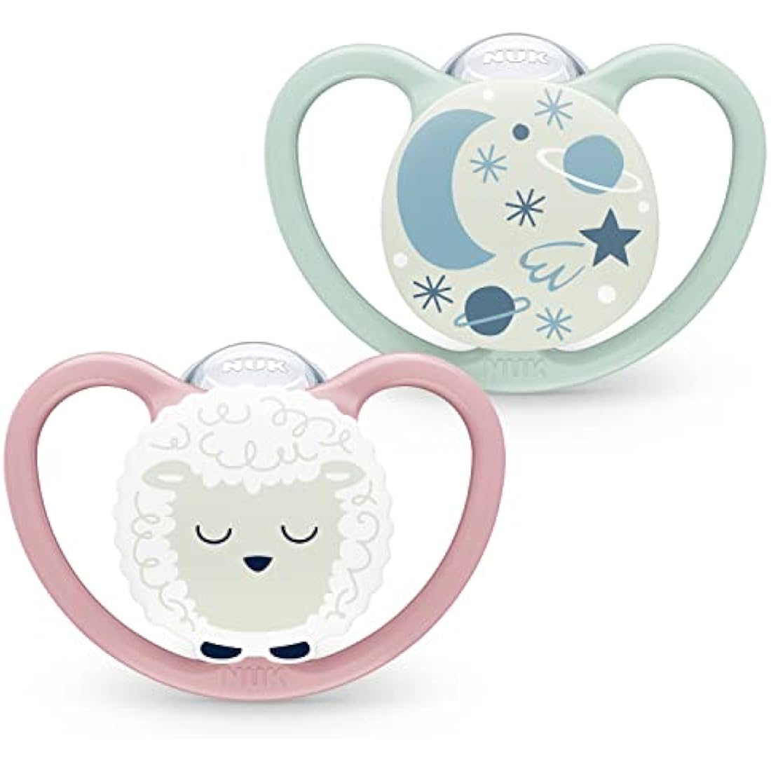 NUK Space Night Baby Dummy | 18-36 Months | Glow-in-The-Dark Soothers with Extra Ventilation for Sensitive Skin | BPA-Free Silicone | Sheep & Moon | 2 Count
