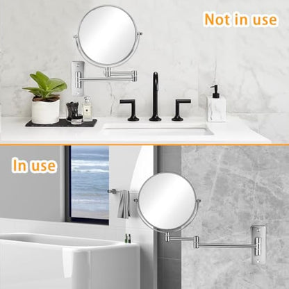AusDaur Wall Mounted 10X Magnifying Makeup Mirror 8" Double-Side With Extension Arm 360 Swivel for Bathroom and Hotel - Chrome