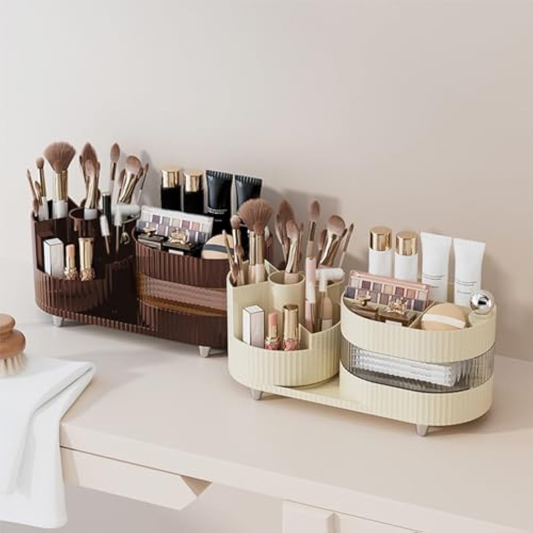 DASITON Makeup Organiser, 360° Rotating Makeup Brush Holder, Large Capacity Cosmetic Display Case Dressing Table Organiser, Makeup and Skincare Storage Organiser for Vanity, Bathroom, Desk (Cream 02)
