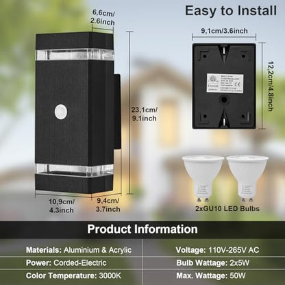 LMP Up Down Outdoor Wall Lights PIR, Motion Sensor Outside Lights Mains Powered, IP65 Square Porch Front Door Light Electric, External Modern GU10 LED Lighting Exterior Lamp Sconce for House, Black