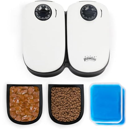 Pawise Automatic Cat & Dog Feeder with Ice Pack, 2-Meal Pet Wet & Dry Food Dispenser with 48-Hour Timer