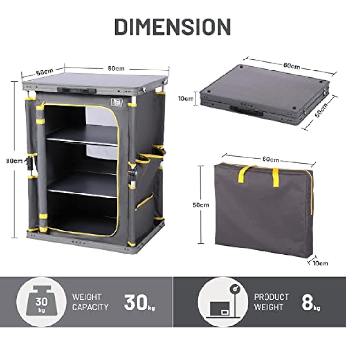TIMBER RIDGE Compact Camping Storage, Pop Up Folding Camping Kitchen Unit, Camping Furniture Camping Cupboards Cabinet Outdoor 3 Shelf Aluminum Frame Portable for Garden Party Picnic, Supports 30kg