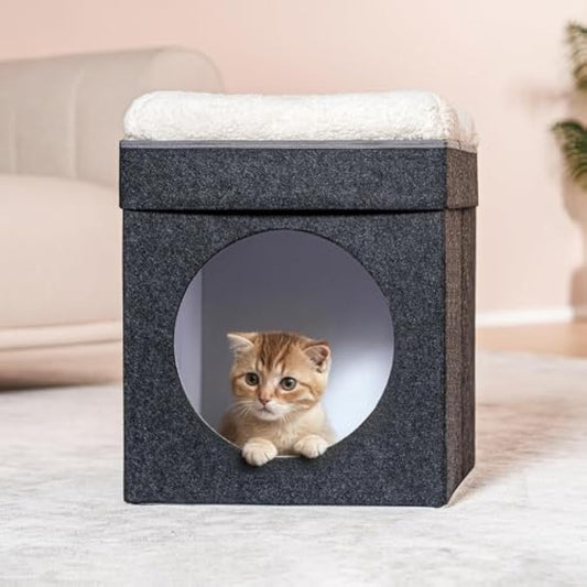 Bonlife Cat Beds for Indoor Cats,Foldable Large Felt Cat House for Winter with Two Move Cushion,Warm Comfortable Dog Bed，Dark Grey 45X45X50CM