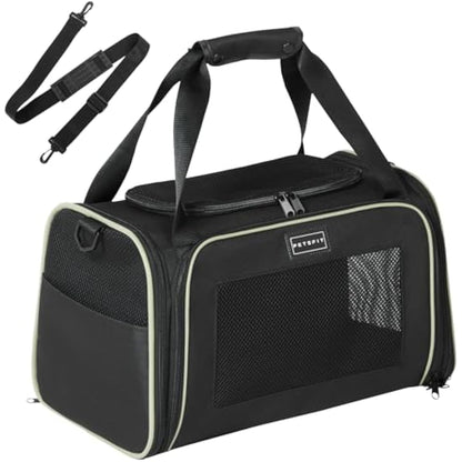 PETSFIT Soft Cat Carrier with Extendable Fleece Pet Mat, Kitty Carrier Airline Approved with Safety Leash for Pets Up to 12 Lbs (44 * 26.5 * 27CM, Black)