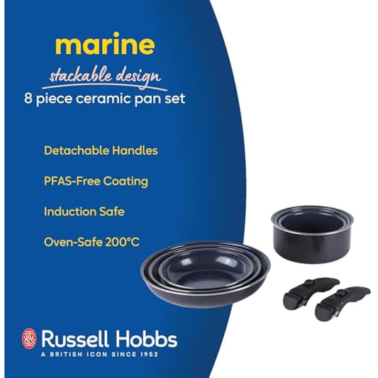 Russell Hobbs RH03321EU7 Smart Clip Pot and Pan Set – 8 Piece Ceramic Non-Stick Frying Pans & Saucepans with 2 Detachable Handles, Stackable Design, PFAS-Free, Induction Oven Safe, Marine, Navy Blue