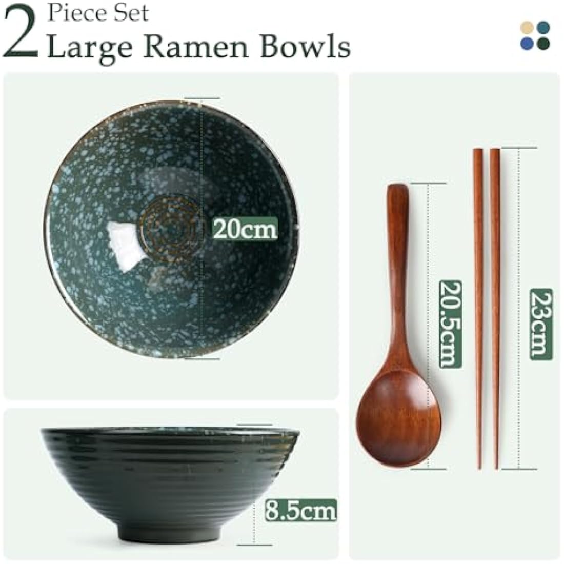 NUTRIUPS 1200ml Ceramic Ramen Bowl Set of 2 Noodle Bowls with Chopsticks and Spoons (Emerald)