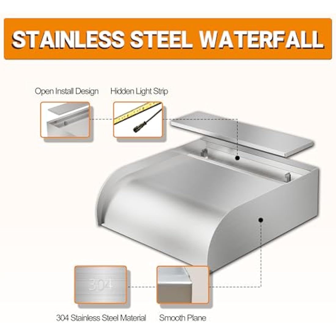 LONGRUNNEW Pond Waterfall Blade Kit, 60cm Stainless Steel Pool Fountain with Accessories, Width 31cm Spillway Water Feature Waterfall Cascade for Garden Patio Pond Decoration