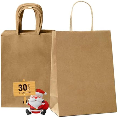 GIFTSAY 30pc Brown Paper Bags with Handles - 15x8x21cm Small Gift Bags for Wedding, Party Favors, Grocery, Retail & Birthday