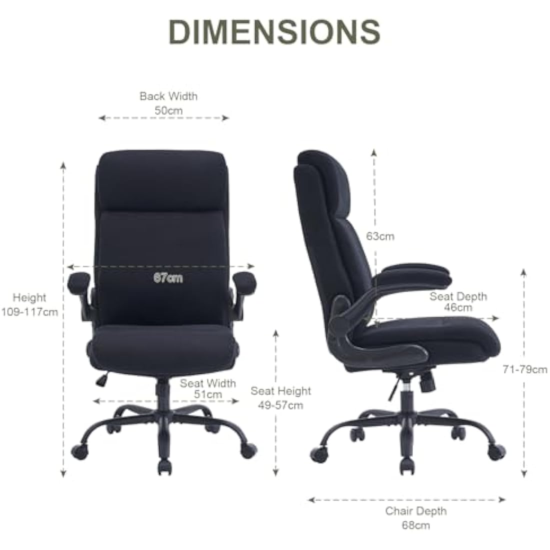 CASTLOVE Ergonomic Office Chair for Home - Computer Desk Chair with Back Support - Flip Up Armrest - High Back - Height Adjustable - Rocking Function (Fabric Office Chair Black Max 150 kg)