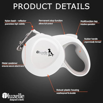 bluzelle 8m / 26ft Retractable Leash for Dogs up to 50kg / 110lbs, Bright Neon Orange Reflector Nylon Belt with 360° Snap Hook Metal, Reliable Braking One-Hand Ergonomic Rubberized Handle, White