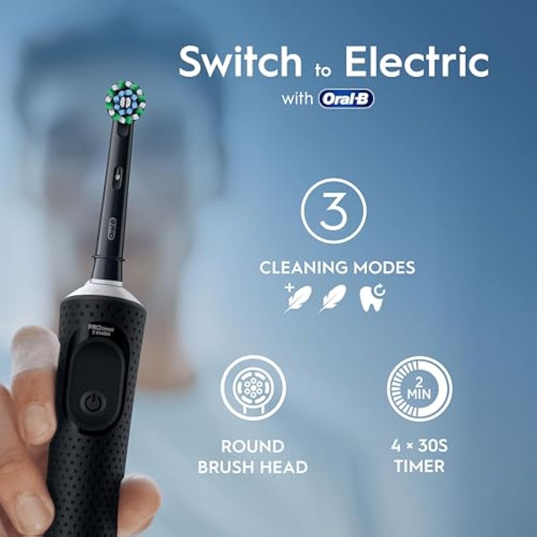 Oral-B Vitality Pro Electric Toothbrushes for Adults, for Him/Her, 1 Handle, 2 Toothbrush Heads, 3 Brushing Modes Including Sensitive Plus, 2 Pin UK Plug, Black (Packing May Vary)