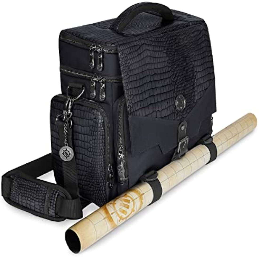 ENHANCE Collector's Edition RPG Adventurer's DND Bag - Dragon Hide Exterior Travel RPG Bag with Tabletop Miniatures Storage Vault, Mat Holder, DND Dice & Token Pockets, Fits 4-8 Books (Dragon Black)