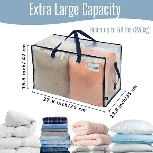 VENO 4 Pack Clear Extra Large Moving Bags & Storage Totes, Heavy Duty Organizer with Reinforced Handles & Strong Zippers for Clothes