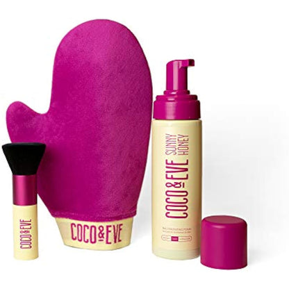 Coco & Eve Sunny Honey Bali Bronzing Bundle. All Natural Sunless Tanning Mousse. Instant Self Tanning Lotion with Bronzer, Mitt Applicator and Kabuki Brush. (Dark)