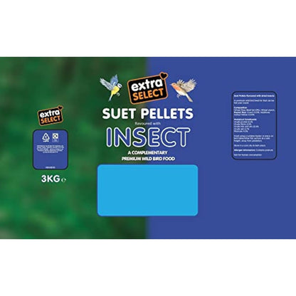 Extra Select Insect High Energy Suet Pellets Wild Bird Food - Protein, Fat Rich Year-Round Feeding - 3 kg Refill