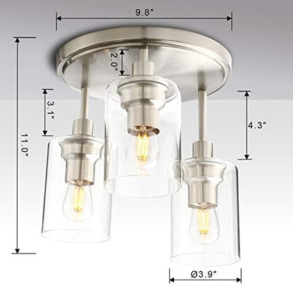 Yosoan Vintage 3 Way Ceiling Lights, Industrial Glass Pendant Light Fitting, Flush Lights for Living Room, Bedroom, Kitchen, Dining Room (Brushed)