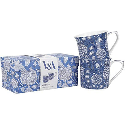 V&A Coffee and Tea Mugs, Porcelain Bone China Mug, William Morris Wild Tulip Design, 300ml, Set of 2, Gift Boxed