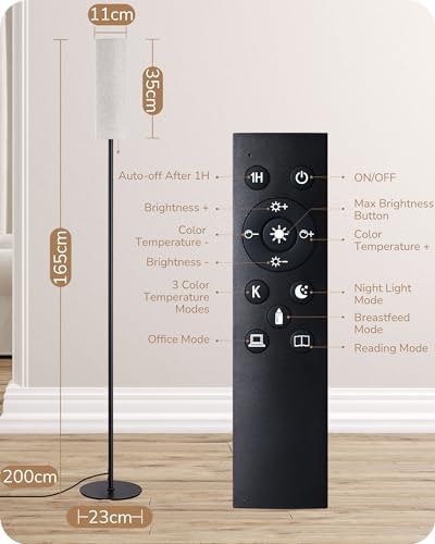 EDISHINE Floor Lamp, Standing Lamp with Rounded Linen Lampshade, Floor Lamps for Living Room, Bedroom, 165cm, E27 Socket(9W LED Dimmable Bulb Included), Magnetic Remote Control, Black