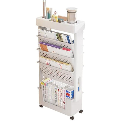 NUODWELL Mobile Bookshelf with Wheel, Large Capacity Magazine Rack Book Cart Removable Storage Organizer Kids Bookshelf, Multi Purpose Rolling Cart for Home School（White）