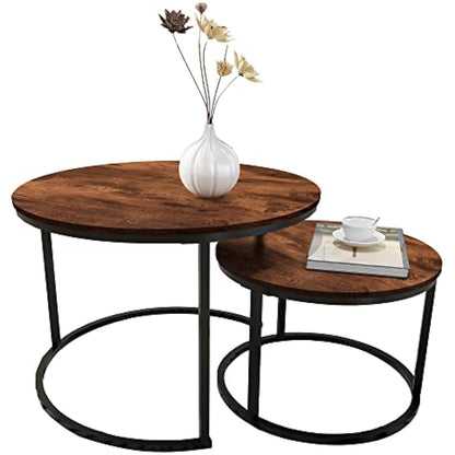 Round Nesting Coffee Table Modern Nesting Side Set of 2 End Table for Living Room,Round Wooden Accent Coffee Table with Solid Powder-Coated Metal Frame, Rustic Brown/Black