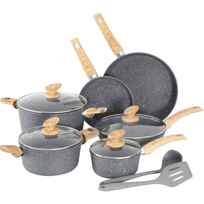 Kitchen Academy 12 Pieces Nonstick Pots and Pans Set, Induction Cooking Pan Set, Non Stick Saucepan Set, Frying Pan Set (Grey)