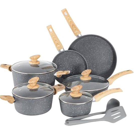 Kitchen Academy 12 Pieces Nonstick Pots and Pans Set, Induction Cooking Pan Set, Non Stick Saucepan Set, Frying Pan Set (Grey)