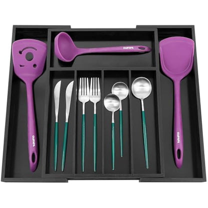 Utoplike Bamboo Cutlery Drawer Organiser Trays, Expandable Utensil Organiser, Adjustable Silverware and Flatware Holder, Drawer Dividers for Spoons Forks Knives in Kitchen, Bedroom, Large, Black