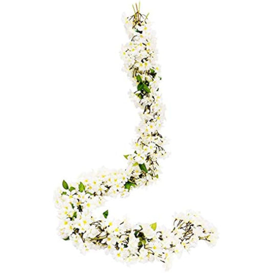 JUSTOYOU 2 Pcs 5.7FT Artificial Sakura Cherry Blossom Flowers Hanging Vine Fake Sakura Garland Fake Oriental Cherry Wreath Home Garden Party Wedding Decor (Cherry White, 2 PCS)